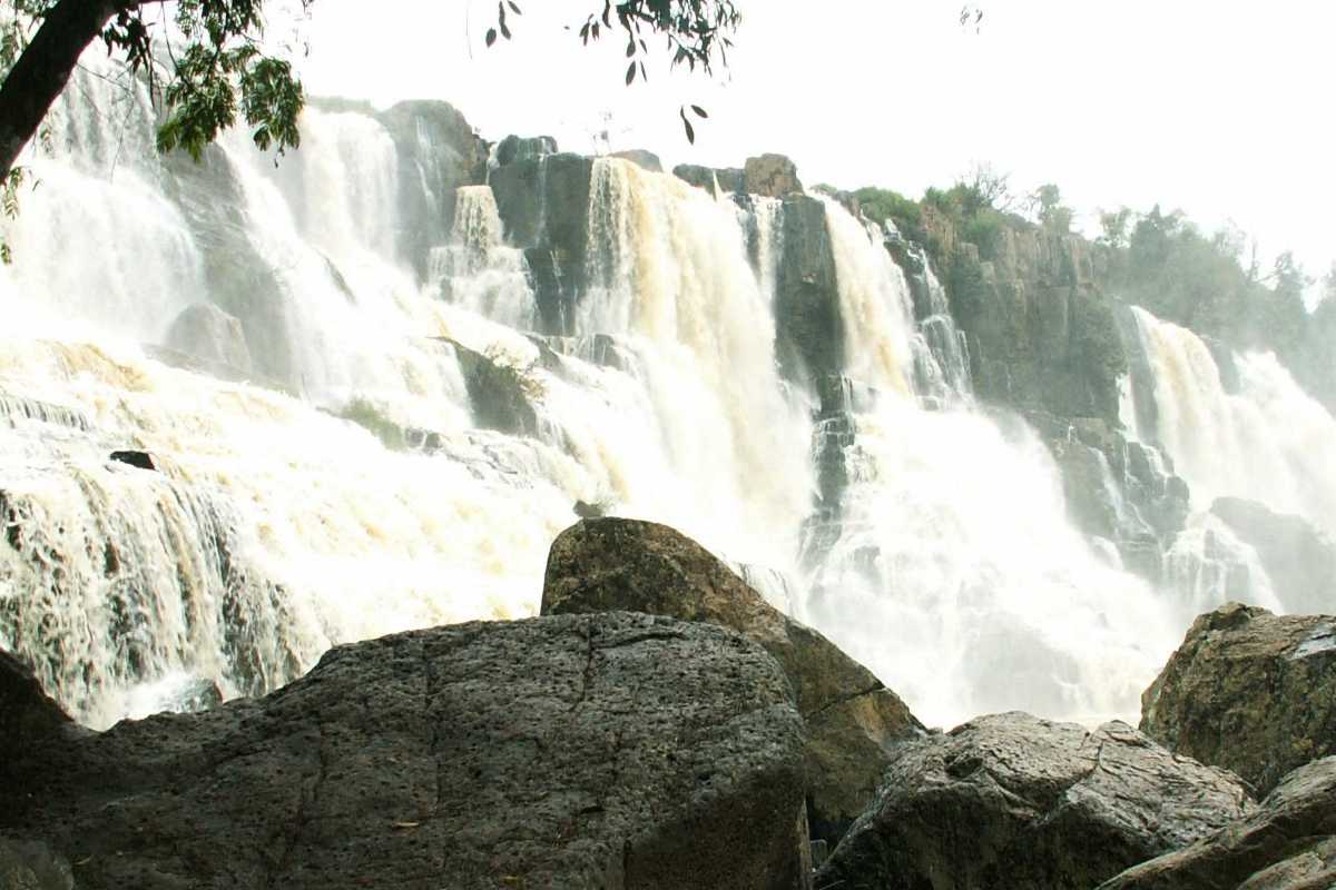 Pongour Waterfalls Dalat lush green vegetation and water Lush green plants and foliage surround cascading water flows at Pongour Waterfalls Dalat in the highlands.
