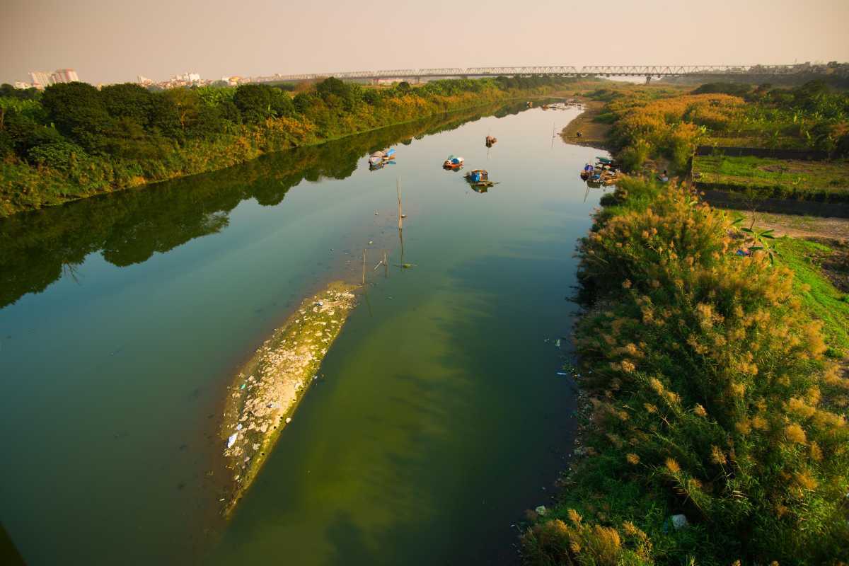 Red River Delta Landscape and Boats Red River Vietnam delta region with boats navigating the waterways