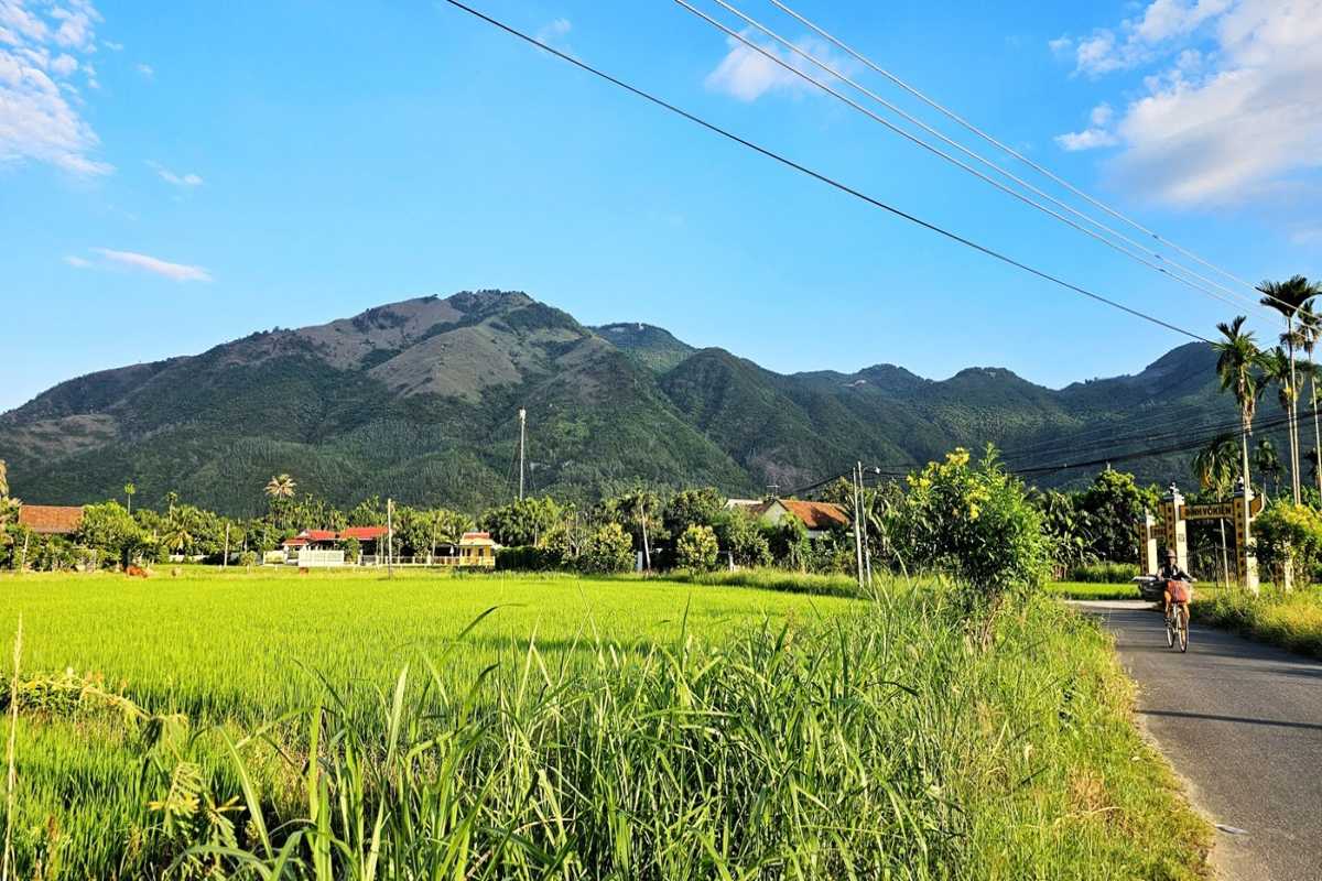 Countryside road leading to Diên Điền Rice Fields Green rice fields and village houses under a mountain backdrop in Diên Điền, Nha Trang