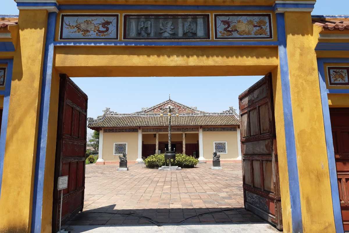 Royal Theatre Hue, Hue, grand entrance and courtyard Royal Theatre Hue main entrance and spacious courtyard with iconic yellow walls and Imperial City architecture.