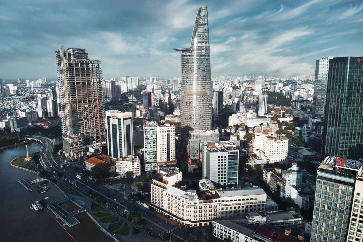Saigon Skydeck Aerial View Over Ho Chi Minh City Aerial view of Saigon Skydeck and surrounding skyscrapers in Ho Chi Minh City