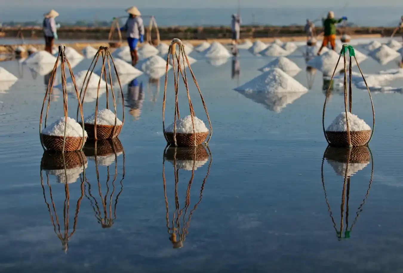 Salt Harvest with Mountains in Background at Hon Khoi Commune Salt harvesters carrying baskets with mountainous landscape behind at Hon Khoi Commune