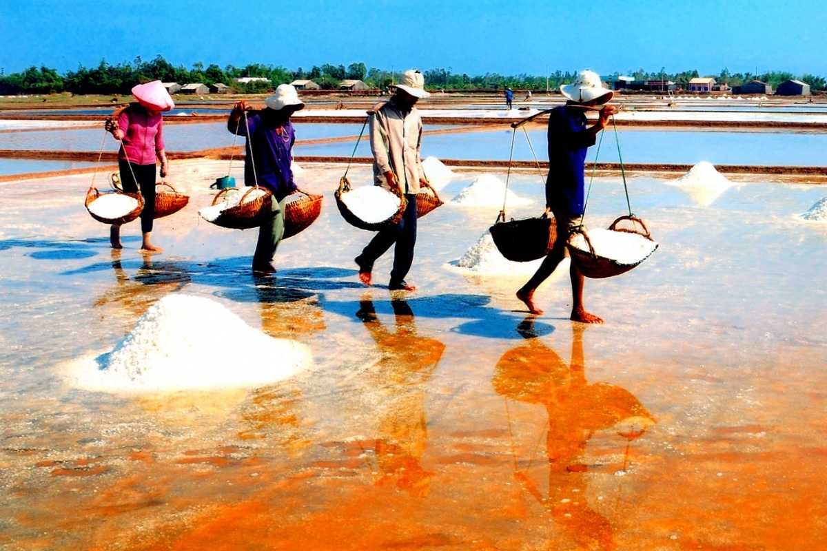Salt Mounds and Reflective Pools at Dam Vua Large white salt mounds beside reflective salt ponds under a clear sky at Dam Vua