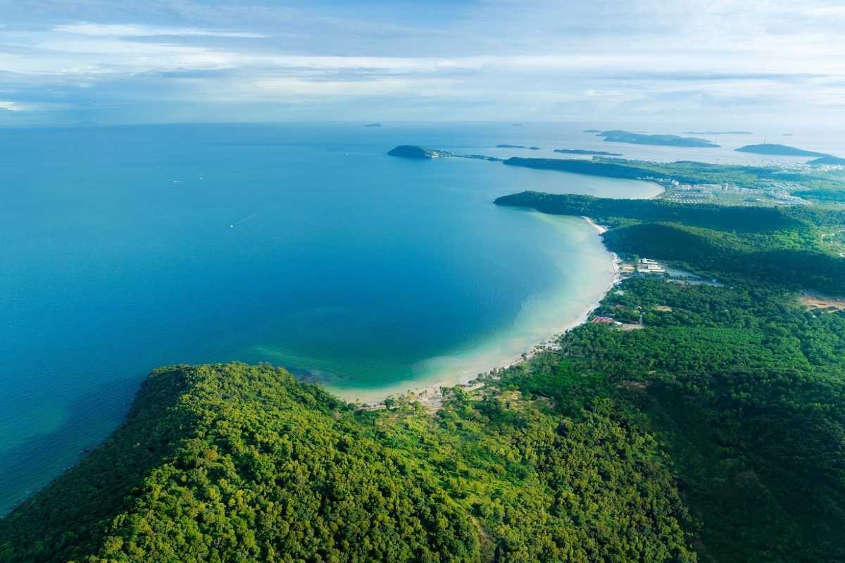 Sao Beach Phu Quoc Coastal Landscape Panorama Panoramic coastal landscape of Sao Beach Phu Quoc with lush greenery and turquoise sea