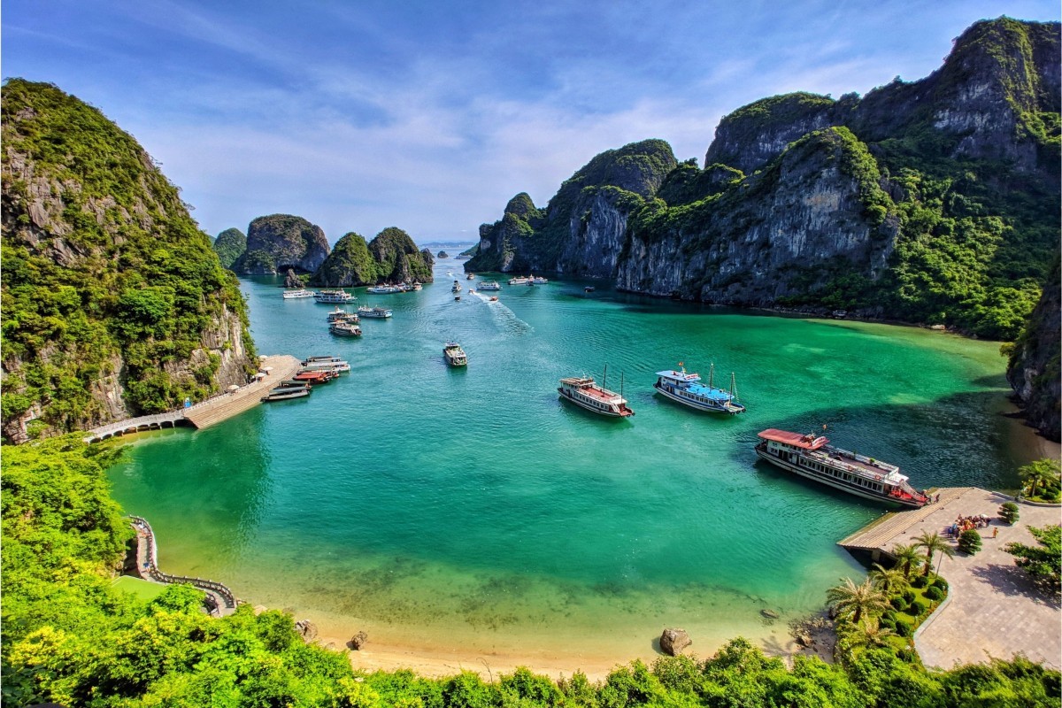 Aerial view of Ha Long Bay with cruise boats