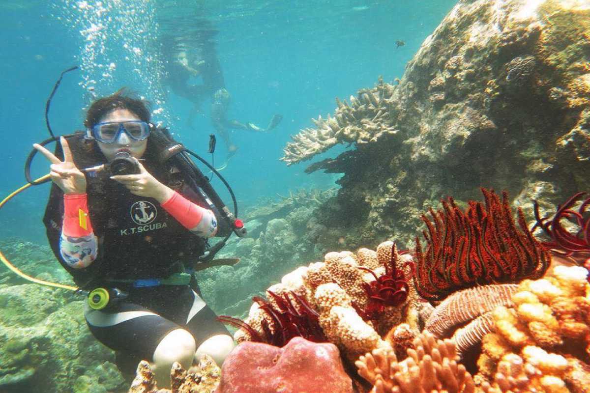 Scuba diver exploring coral reefs at Hon Mot Island with vibrant marine life in clear waters