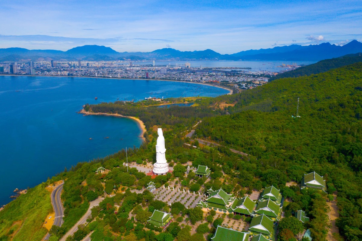 A panoramic view of Son Tra Peninsula, featuring the Linh Ung Pagoda and coastline of Da Nang.