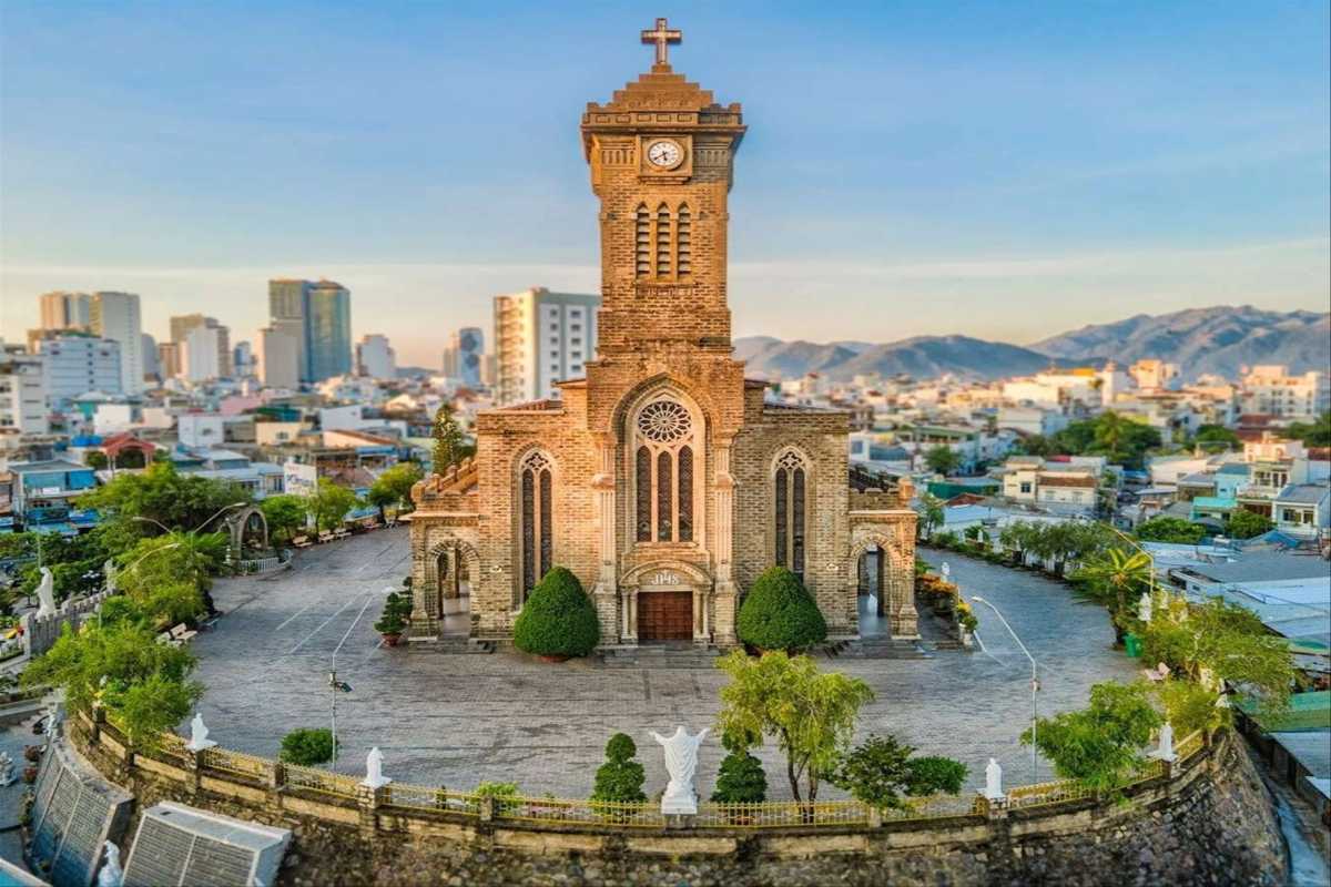 Stone Church Nha Trang Cathedral Aerial View Aerial image showing Stone Church Nha Trang Cathedral surrounded by Nha Trang city