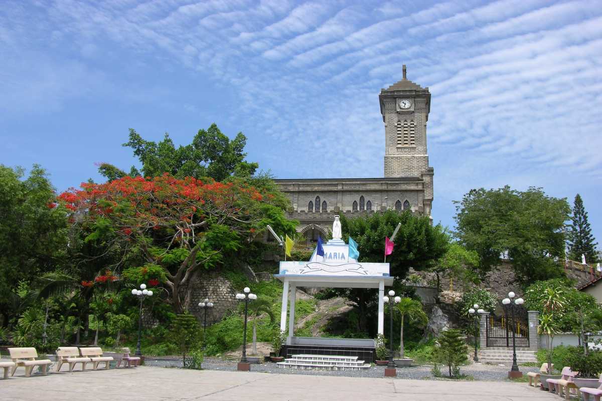 Stone Church Nha Trang Cathedral Exterior Shot Exterior view of the Stone Church Nha Trang Cathedral with bell tower and hilltop location