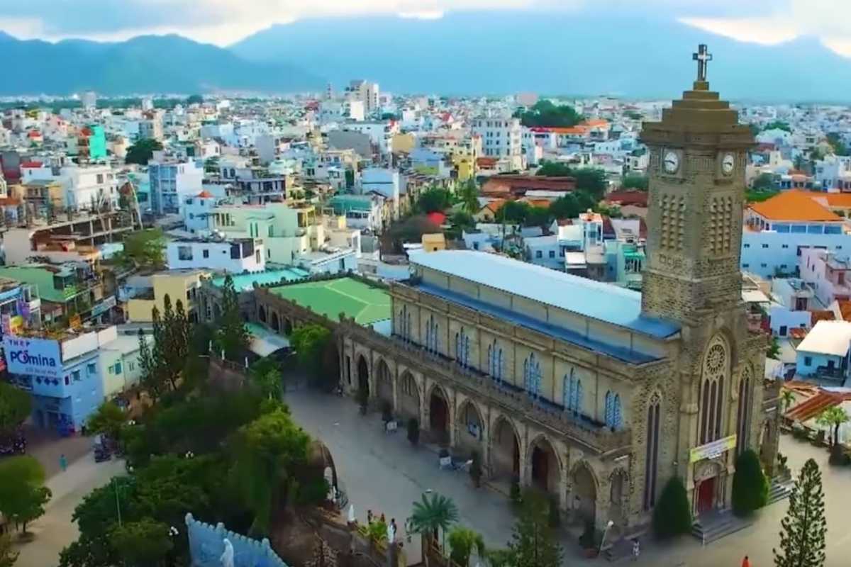 Stone Church Nha Trang Cathedral Facade Detail Detailed stone facade and entrance doors of Stone Church Nha Trang Cathedral