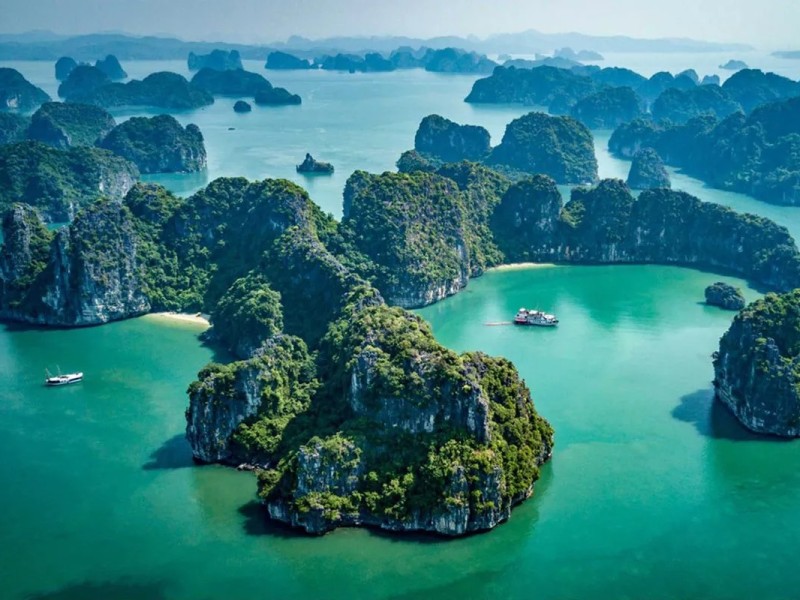 Aerial view of Halong Bay cruise tours near Xep Islet, showcasing the region’s natural beauty