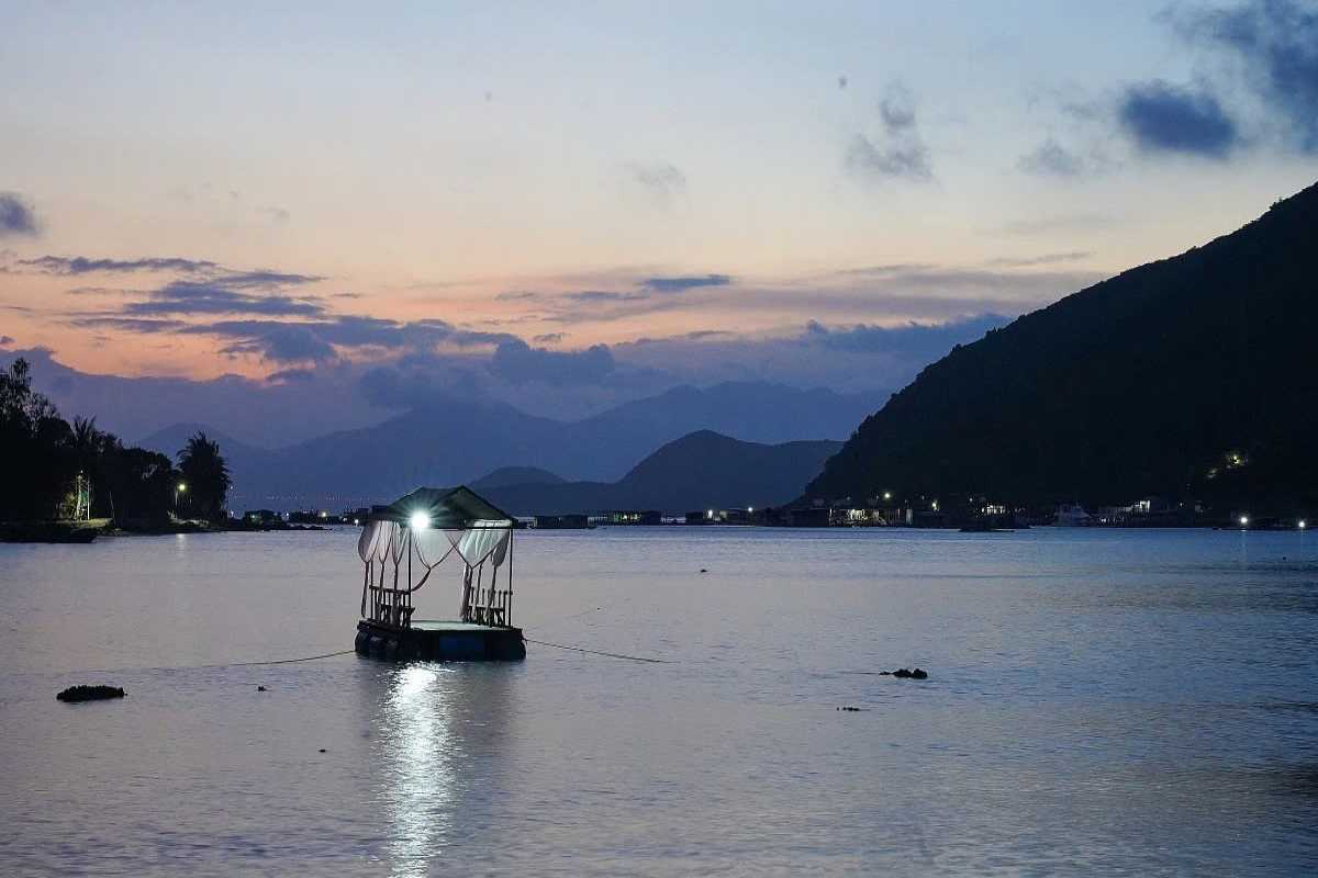 Sunset Over Fish Farms at Mot Island Twilight scene of floating fish cage under canopy with hills and lights in the distance at Mot Island.