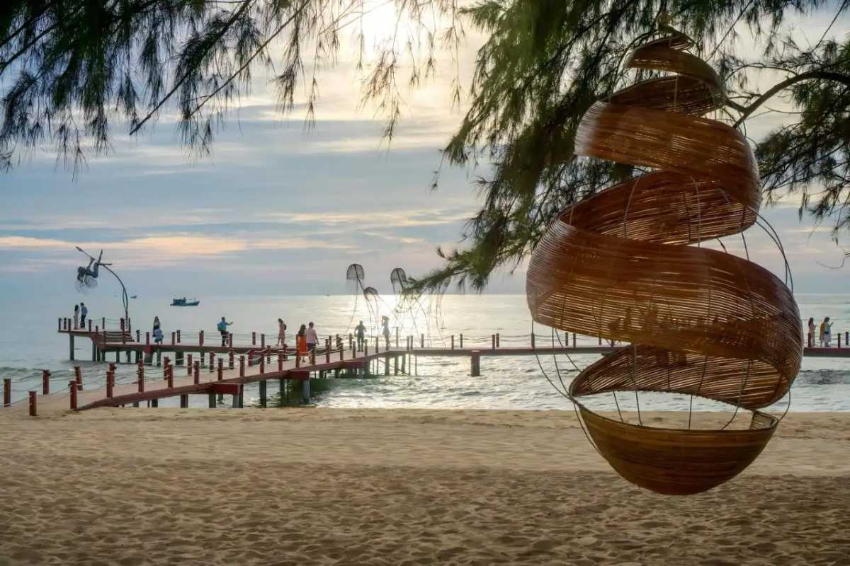 Sunset Sanato Phu Quoc Island Spiral Art Installation Spiral-shaped hanging art installation on the beach at Sunset Sanato Phu Quoc Island