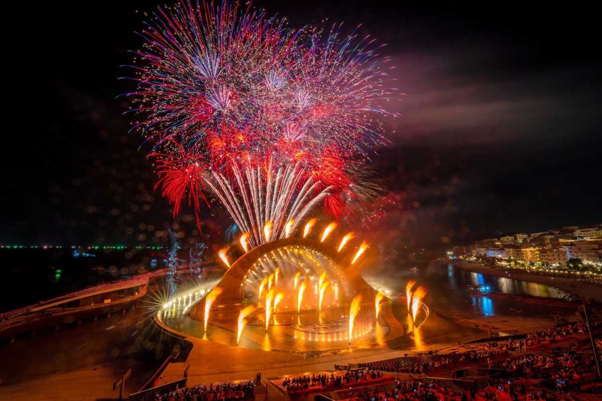 Fireworks Show at Sunset Town Phu Quoc Nighttime fireworks lighting up the sky above Sunset Town Phu Quoc waterfront