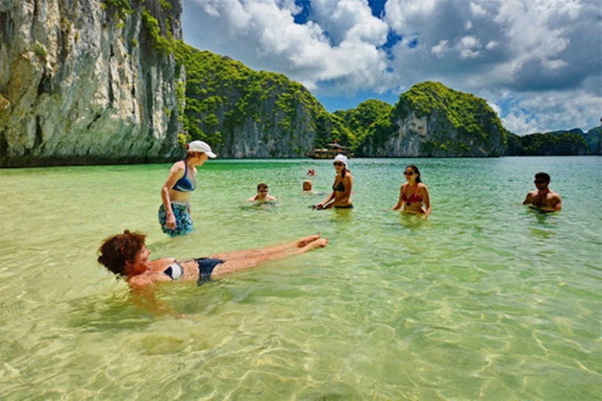 Swimming at Titov Beach in Halong Bay