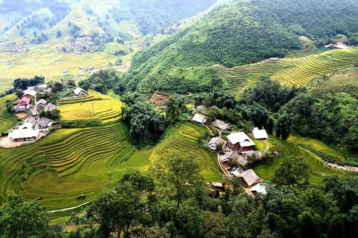 Ta Van Village Sapa Mountain Ridge with Rice Terraces Mountain ridge lined with bright green rice terraces in Ta Van Village Sapa under a clear blue sky