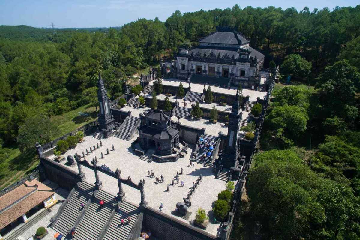Top-down view of Khai Dinh Tomb terraces Aerial top-down image of Khai Dinh Tomb's tiered platforms and main ceremonial spaces in Hue