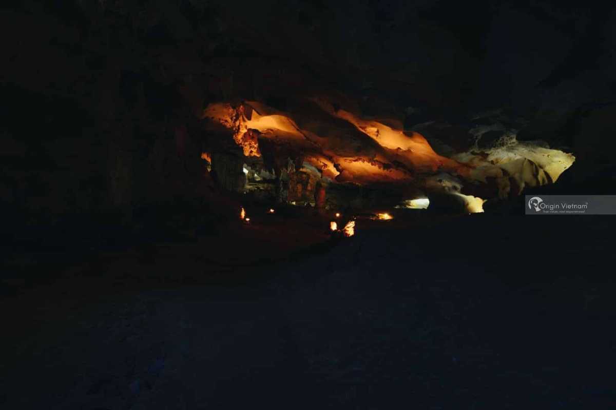 Colorful Rock Formations in Thien Canh Son Cave Colorful illuminated rock formations inside Thien Canh Son Cave at Bai Tu Long Bay, Quang Ninh