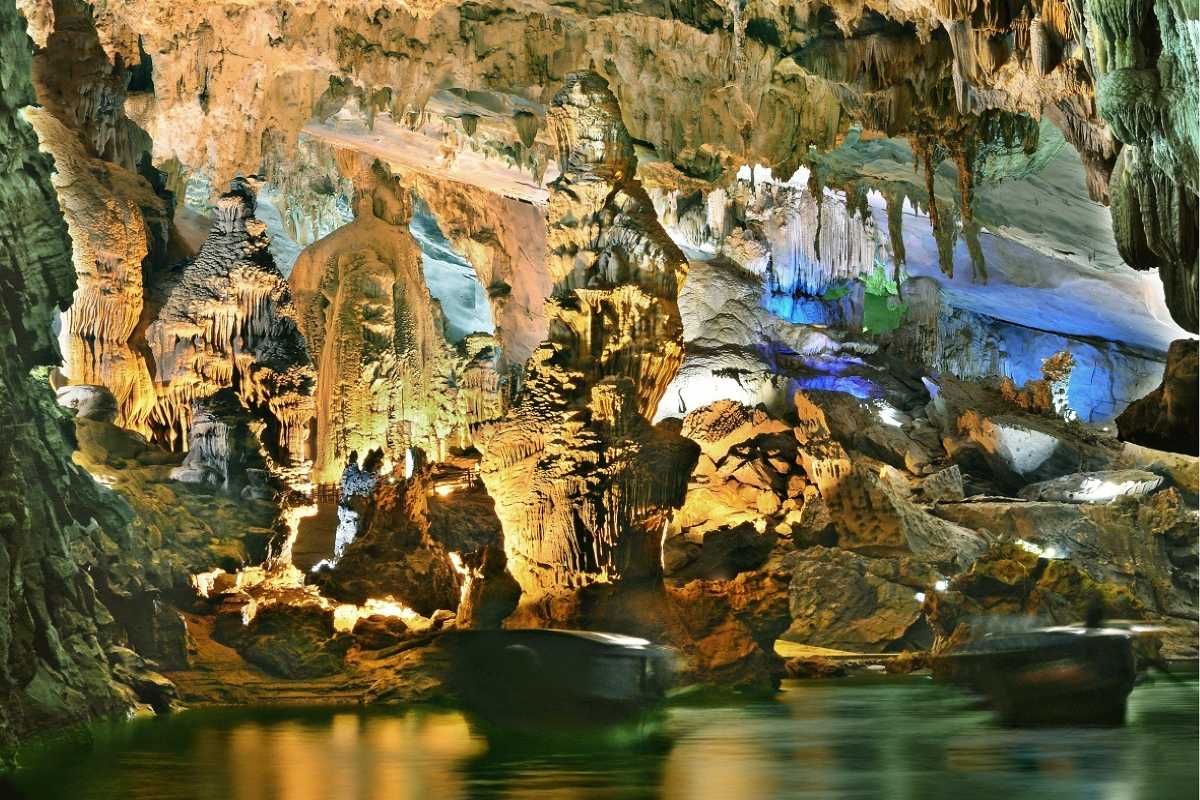 Natural Stone Formations and Walkways Natural stone formations alongside constructed walkways in Thien Canh Son Cave