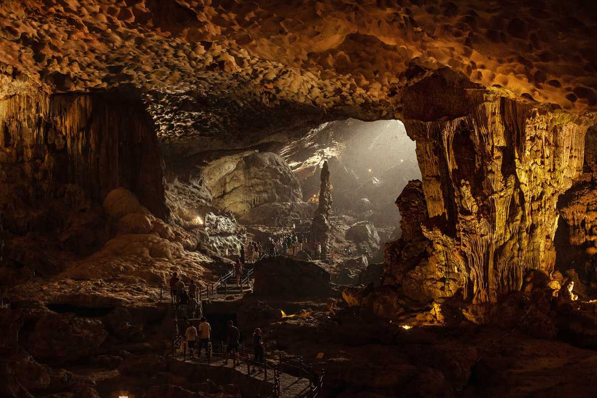 Thien Cung Cave Halong Bay vast interior chambers Inside Thien Cung Cave Halong Bay showing vast interior chambers filled with intricate stalactites and stalagmites
