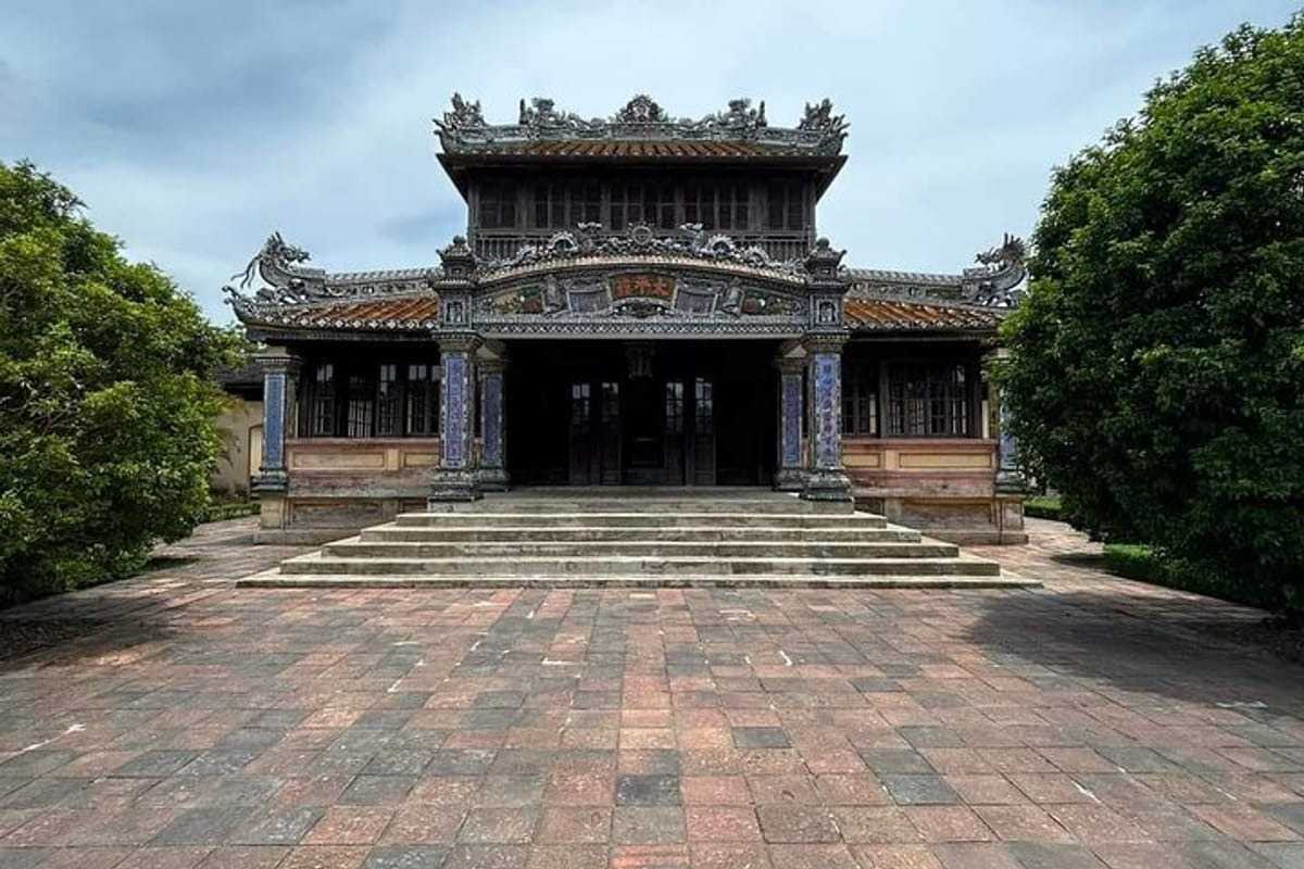 Abandoned Mansion in Thuy Tien Park Hue Ornate, weathered mansion with dragon decorations stands empty in Thuy Tien Lake Abandoned Water Park Hue