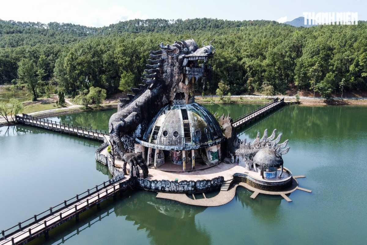 Close-Up of Dragon Dome Thuy Tien Lake Abandoned Water Park The dragon dome rises above the water, detailed with weathered scales and fierce features at Thuy Tien Lake