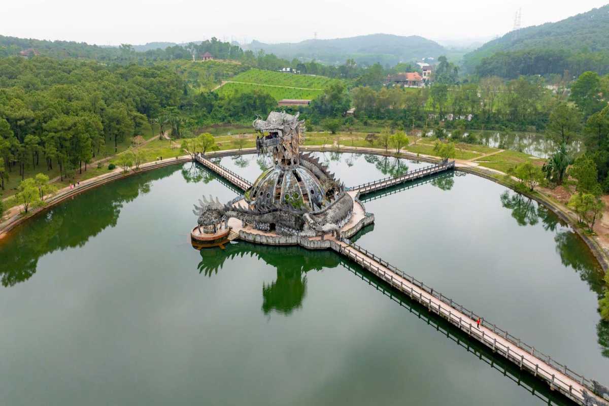 Dragon Dome on Thuy Tien Lake Surrounded by Walkways Central dragon dome rises from the water, connected by walkways at Thuy Tien Lake Abandoned Water Park in Hue