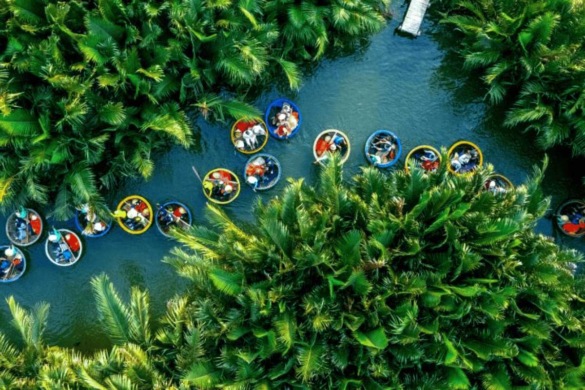 Tourists Enjoying Basket Boat Ride on River Visitors wearing traditional hats rowing basket boats through scenic river channels in Cam Thanh