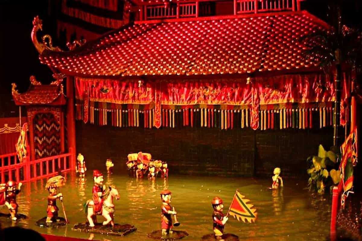 Traditional Water Puppet Stage at Thang Long Theatre Full view of the water puppet stage with traditional architecture and decorations