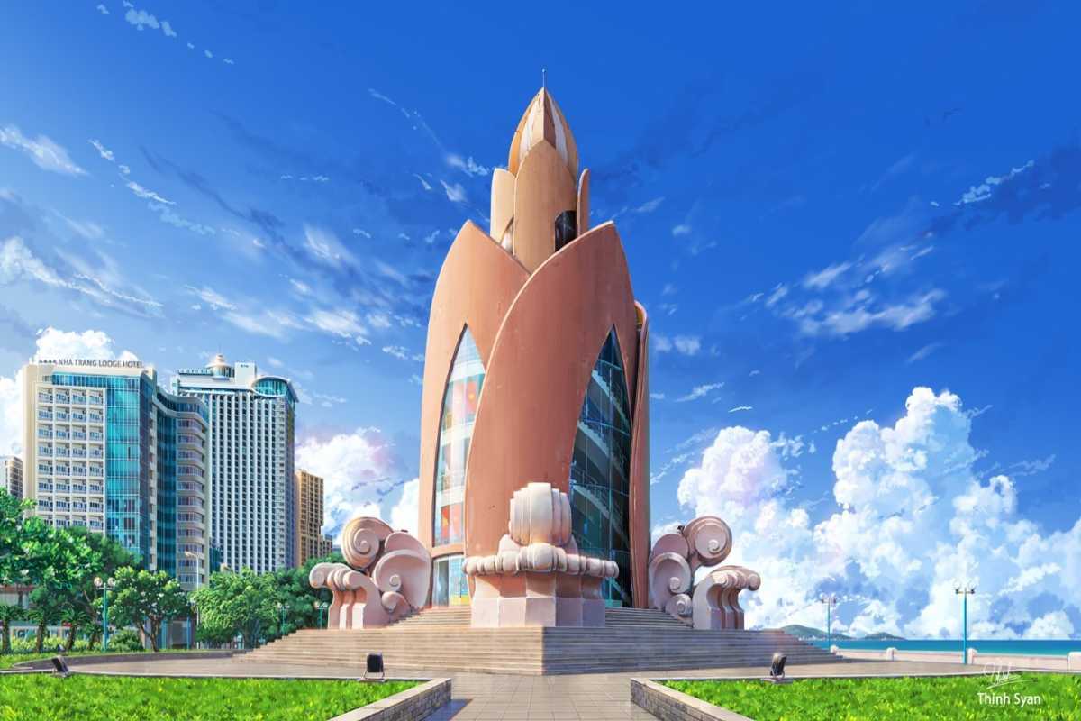 Tram Huong Tower front-facing design Frontal image of Tram Huong Tower with clear skies and modern city buildings in the background