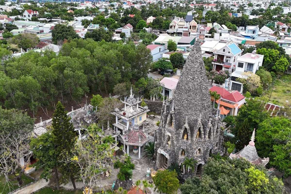 Aerial view of Tu Van Pagoda in Nha Trang showing unique stone architecture and surrounding greenery