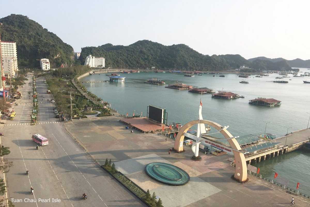 Tuan Chau Harbor Ha Long Bay aerial beach view Aerial view of sandy beaches and resorts at Tuan Chau Harbor Ha Long Bay surrounded by islands