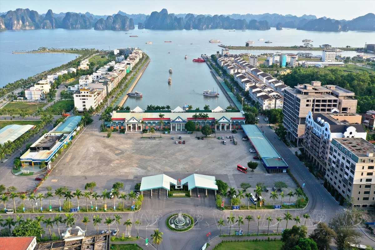 Tuan Chau Harbor Ha Long Bay busy marina overview Tuan Chau Harbor Ha Long Bay with busy marina filled with boats and nearby residential buildings