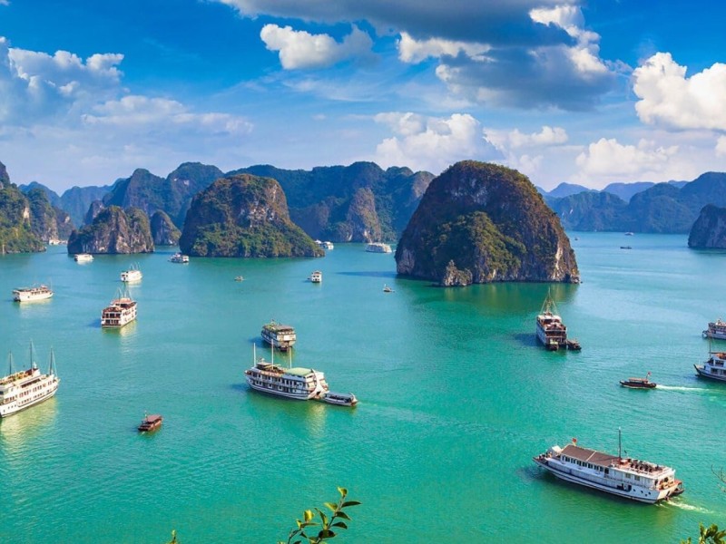 Vẻ Đẹp Hùng Vĩ Của Đảo Bồ Hòn Tại Vịnh Hạ Long Những con tàu du lịch và các khối đá vôi trên mặt nước màu ngọc bích của Vịnh Hạ Long, Việt Nam