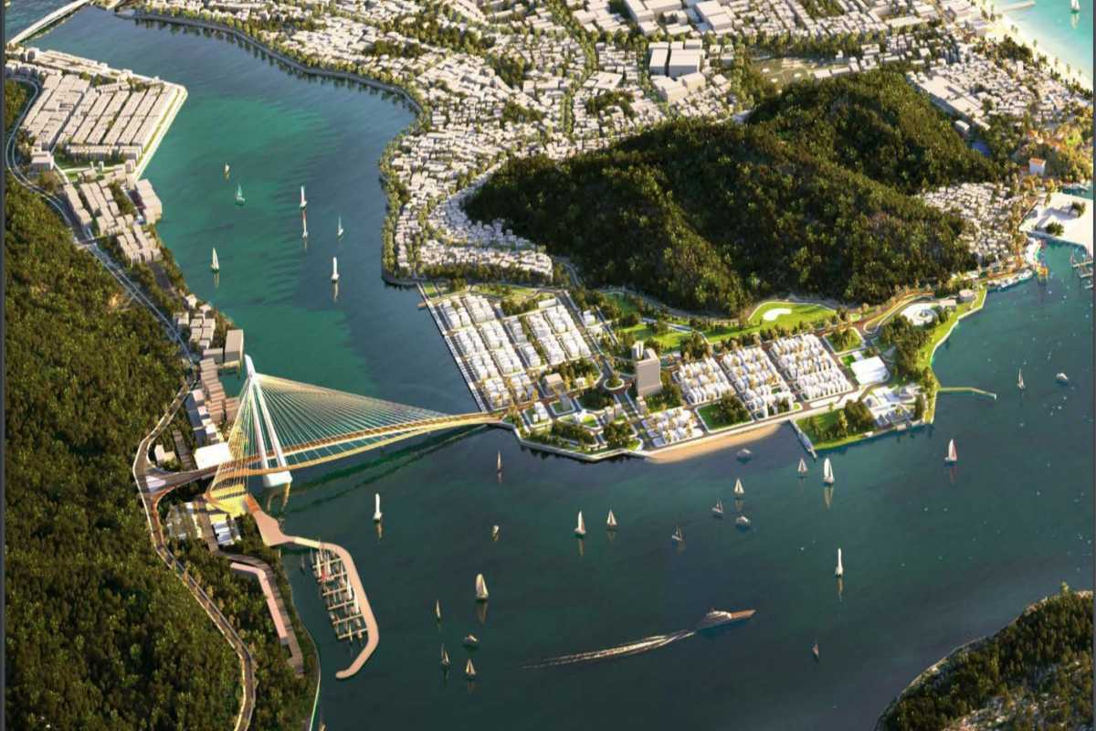 Van Phong Bay urban development concept rendering 3D rendering of future infrastructure and bridge development in Van Phong Bay area