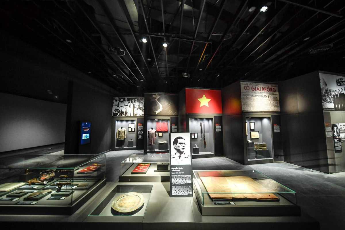 Vietnam Military History Museum Historical Exhibition Exhibit panels and artifacts showcasing Vietnam War history inside the museum