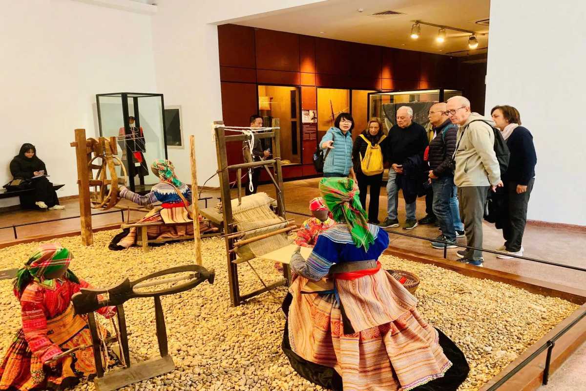 Vietnam Museum of Ethnology Hanoi traditional weaving exhibit Vietnam Museum of Ethnology Hanoi showcases traditional weaving techniques with colorful ethnic costumes and tools.