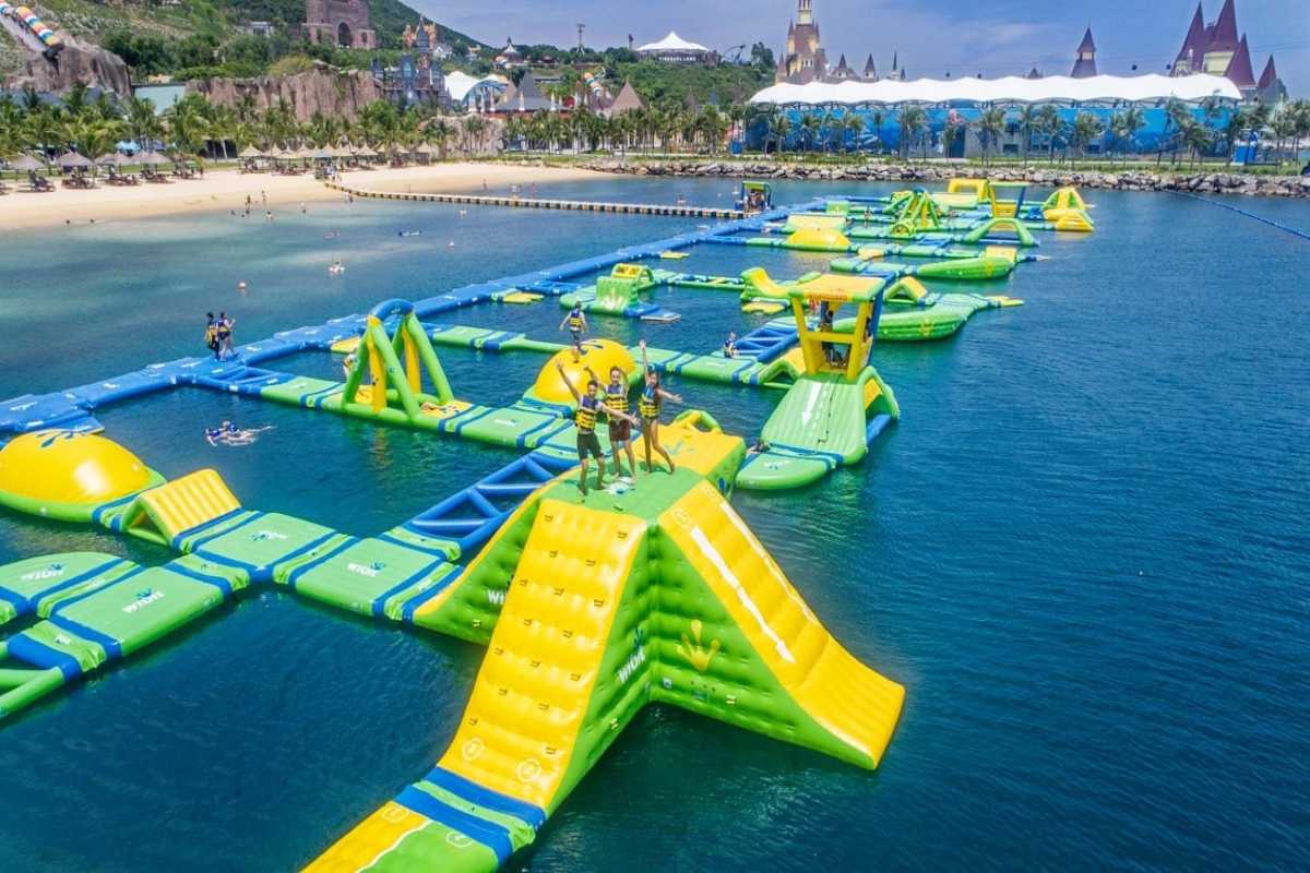 Inflatable Sea Playground at VinWonders Nha Trang Colorful inflatable obstacle course on the sea in front of VinWonders Nha Trang’s coastal area