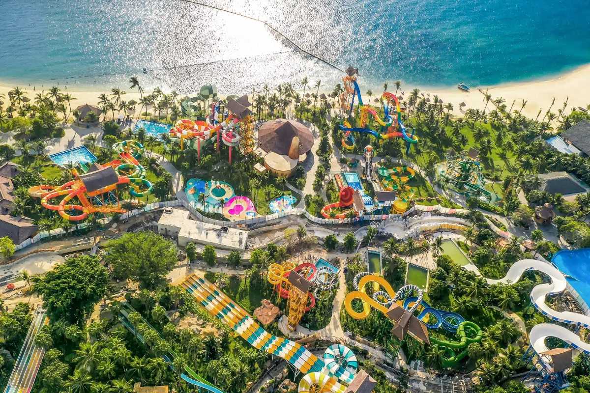 VinWonders Nha Trang Water Park Overview Top-down view of water park attractions at VinWonders Nha Trang next to the shoreline