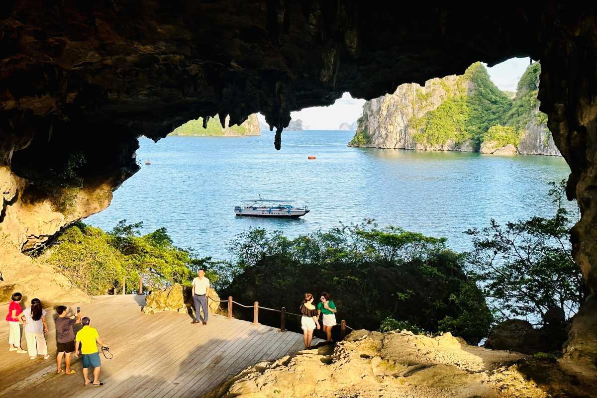 Virgin Cave Halong Bay cave entrance view of sea and islands View from Virgin Cave Halong Bay entrance overlooking sea and nearby limestone islands