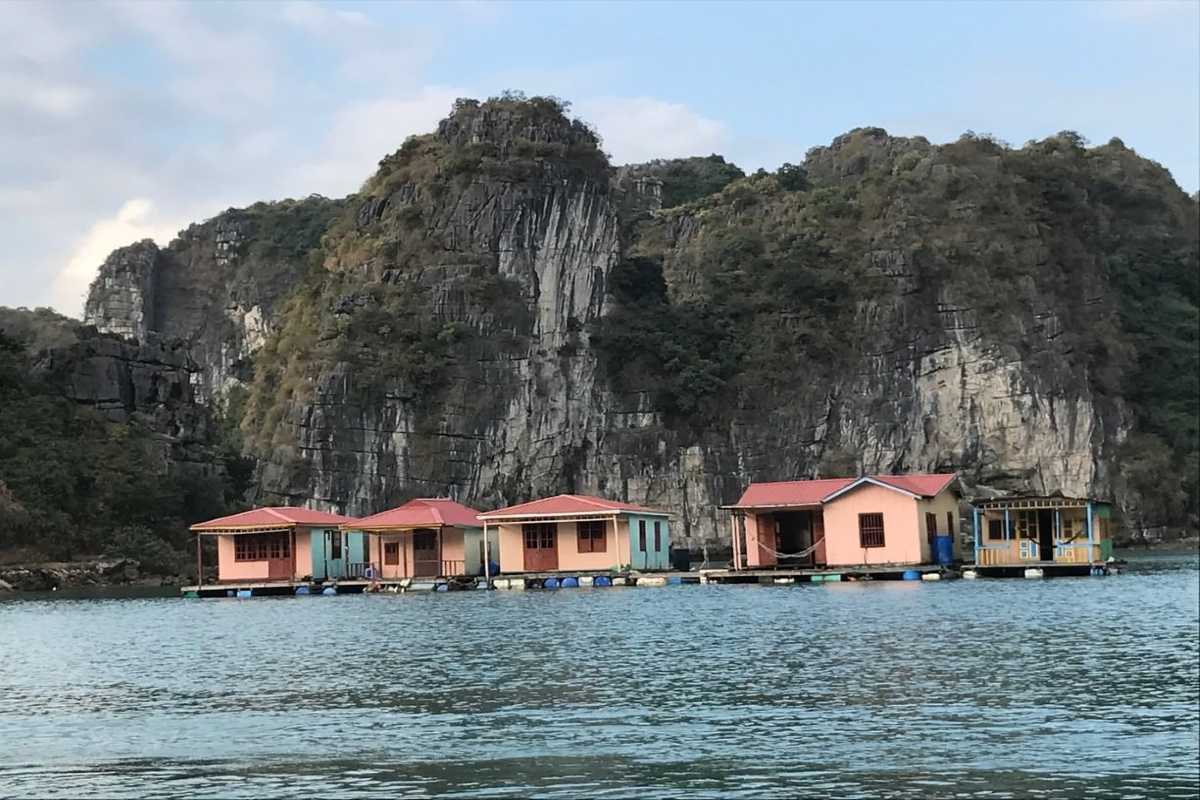 Vung Vieng Fishing Village on Halong Bay floating homes Colorful floating homes with limestone cliffs in the background at Vung Vieng Fishing Village