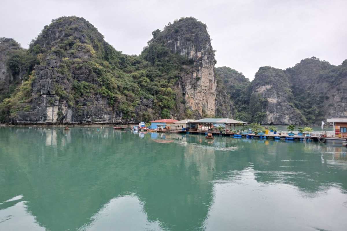 Vung Vieng Fishing Village serene bay landscape Serene waters and limestone karst formations at Vung Vieng Fishing Village in Halong Bay, Vietnam