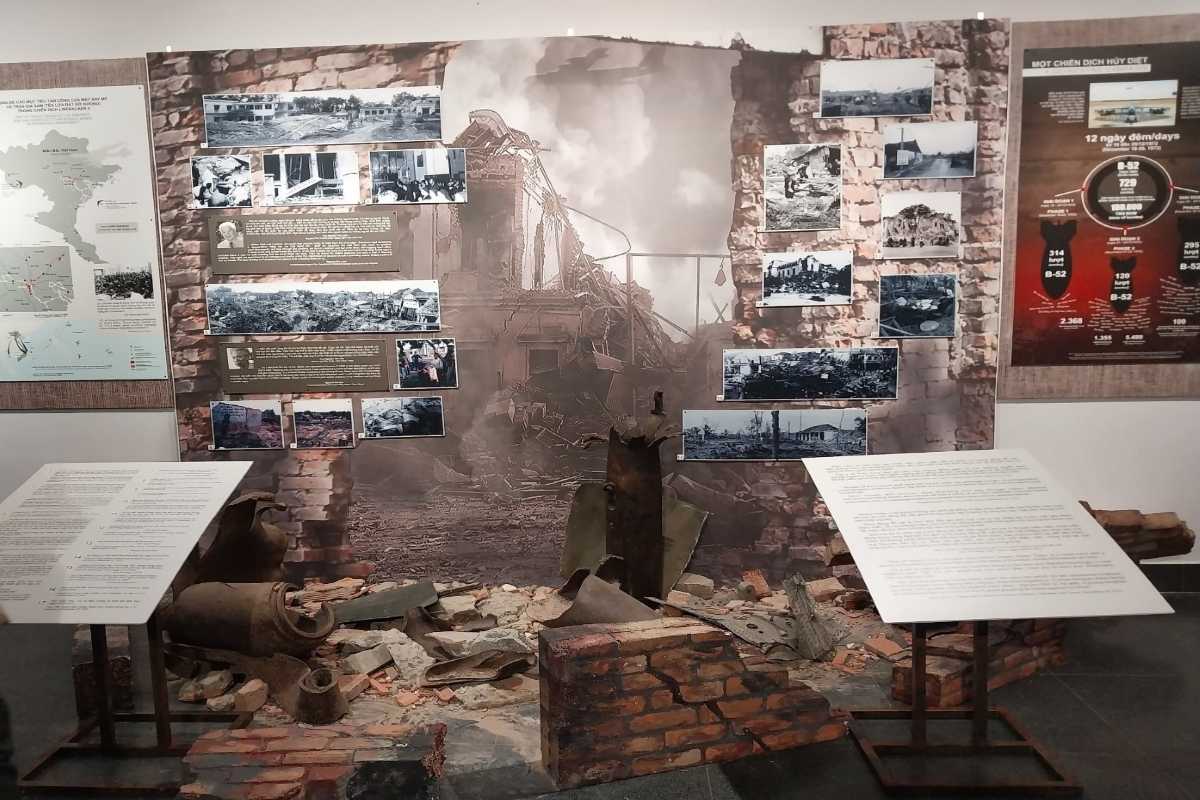 War Remnants Museum Exploded Building Exhibit War Remnants Museum exhibit showing an exploded building with photographs and artifacts from the Vietnam War
