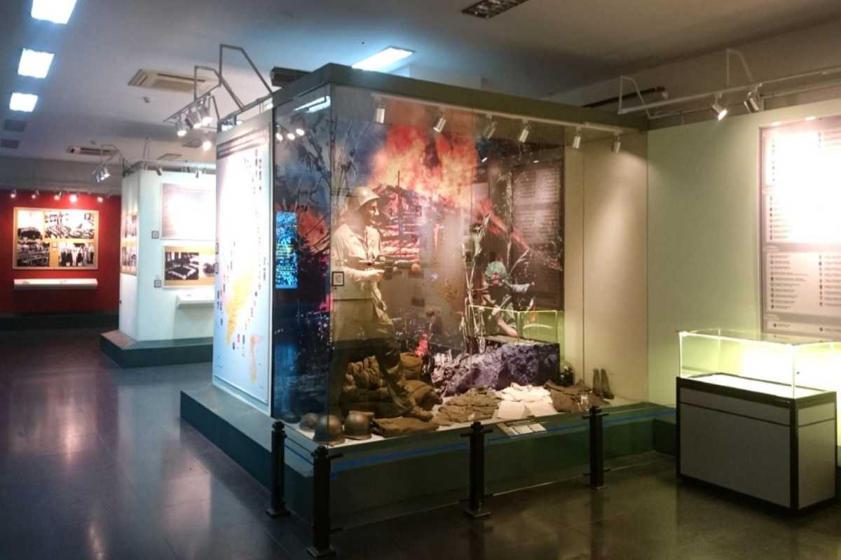 War Remnants Museum Indoor Explosives and Artifacts Exhibit Indoor exhibit showing explosives and artifacts from the Vietnam War at the War Remnants Museum