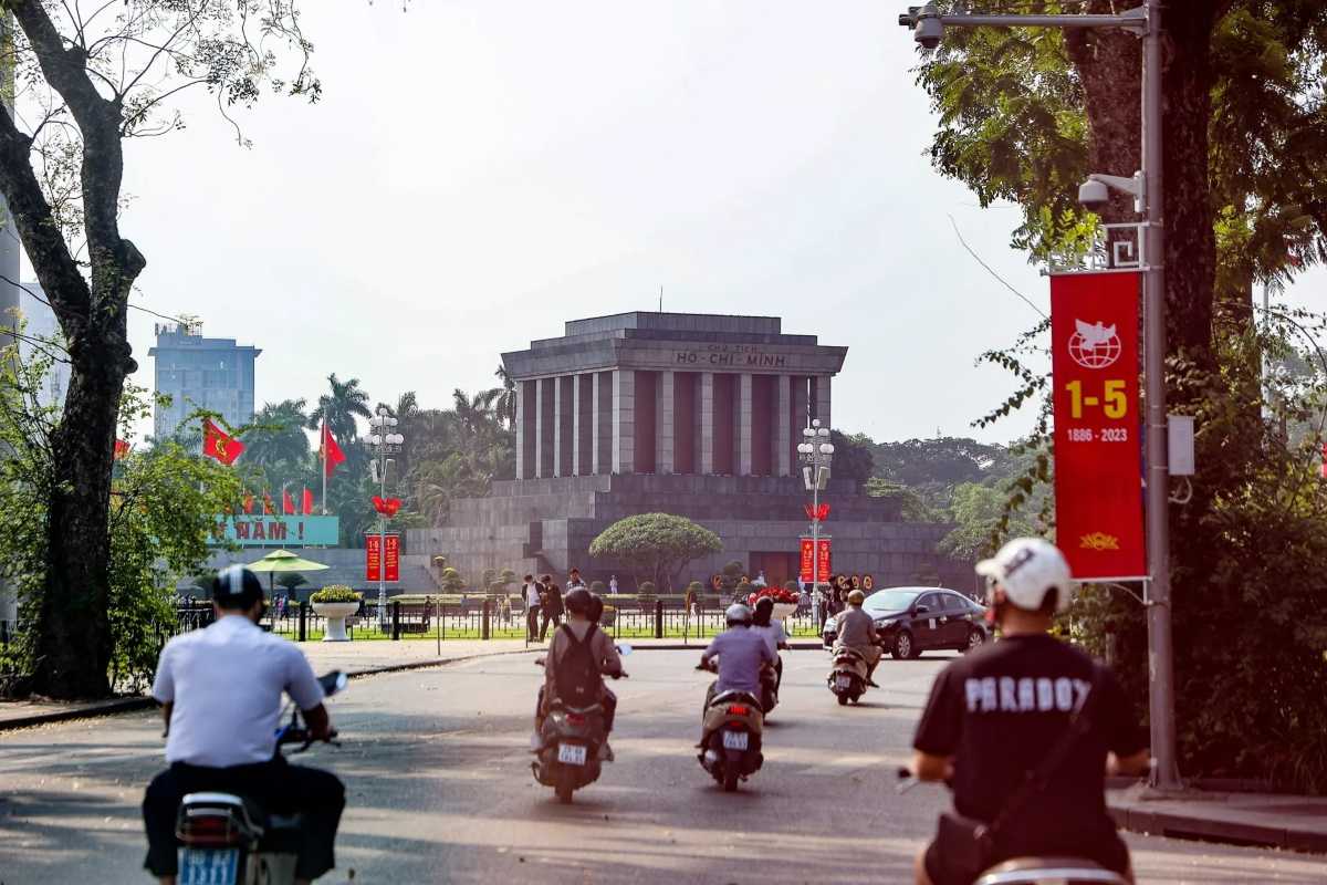 Ho Chi Minh Mausoleum Wide View with Crowds Wide-angle view showing crowds and the Ho Chi Minh Mausoleum