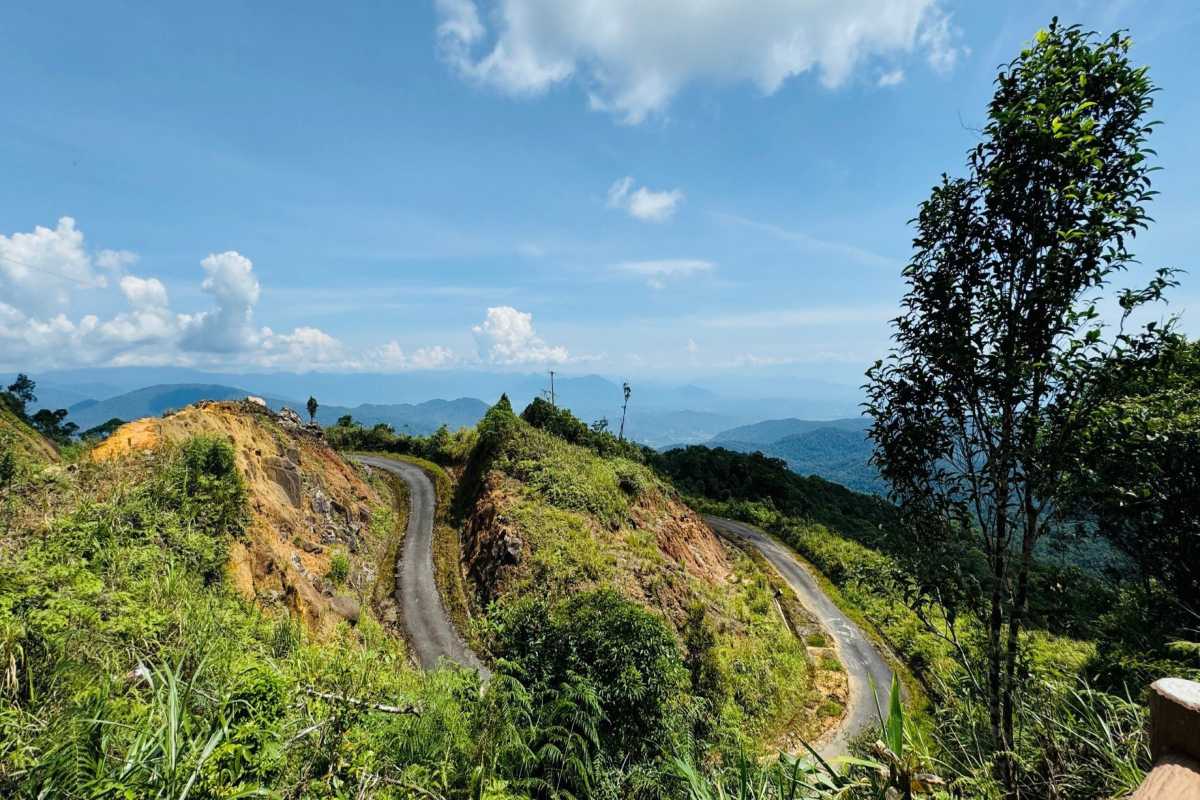 Winding Mountain Road in Hon Ba Nature Reserve Curving mountain road cutting through lush forested hills in Hon Ba Nature Reserve