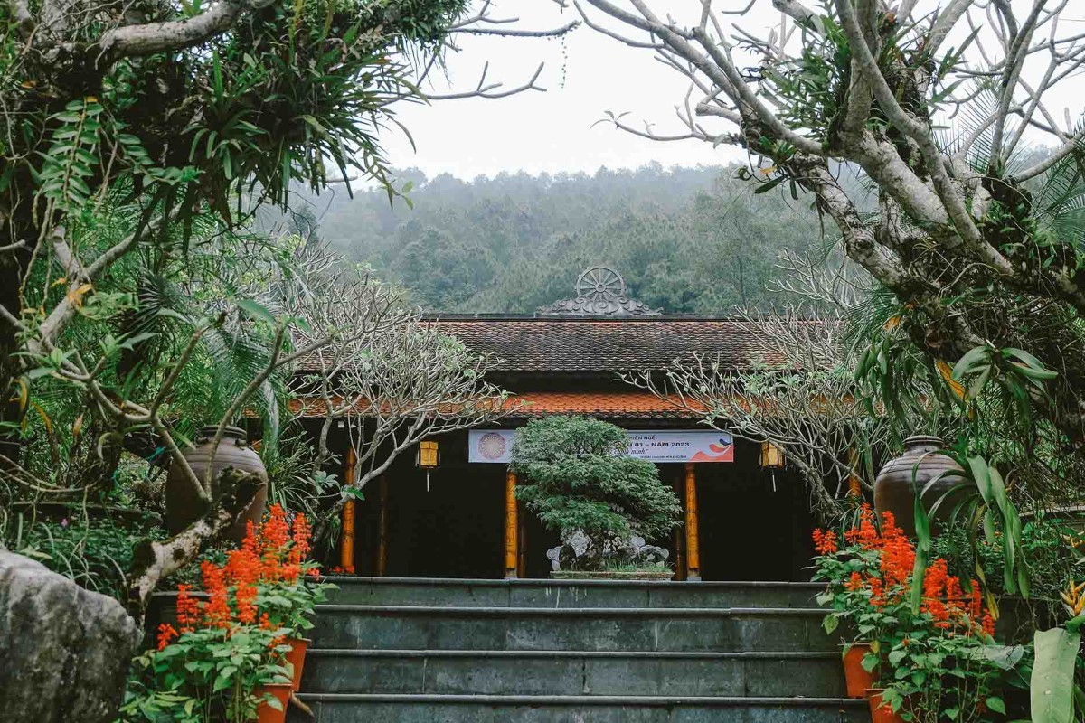 Zen garden pathway leading to Huyen Khong Son Thuong Pagoda in Hue