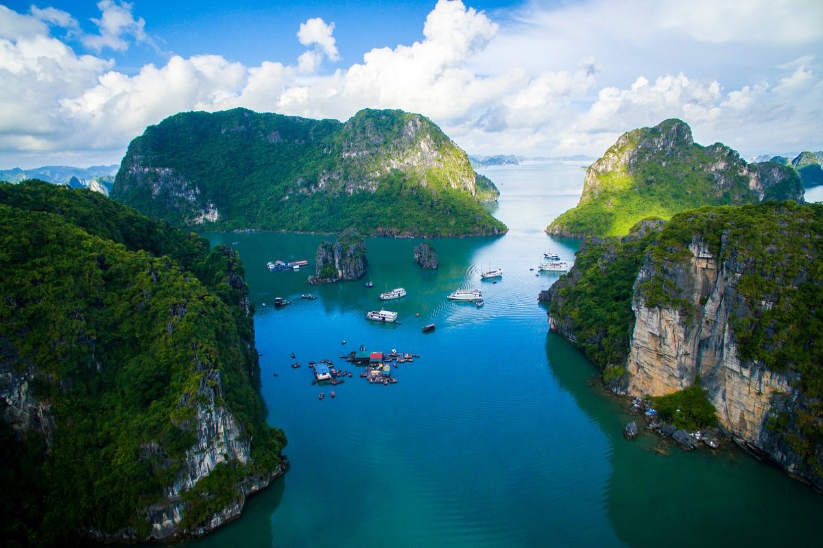 Aerial view of Bai Tu Long Bay village and boats