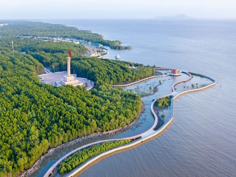 Scenic aerial view of Ca Mau Cape's lush coastline