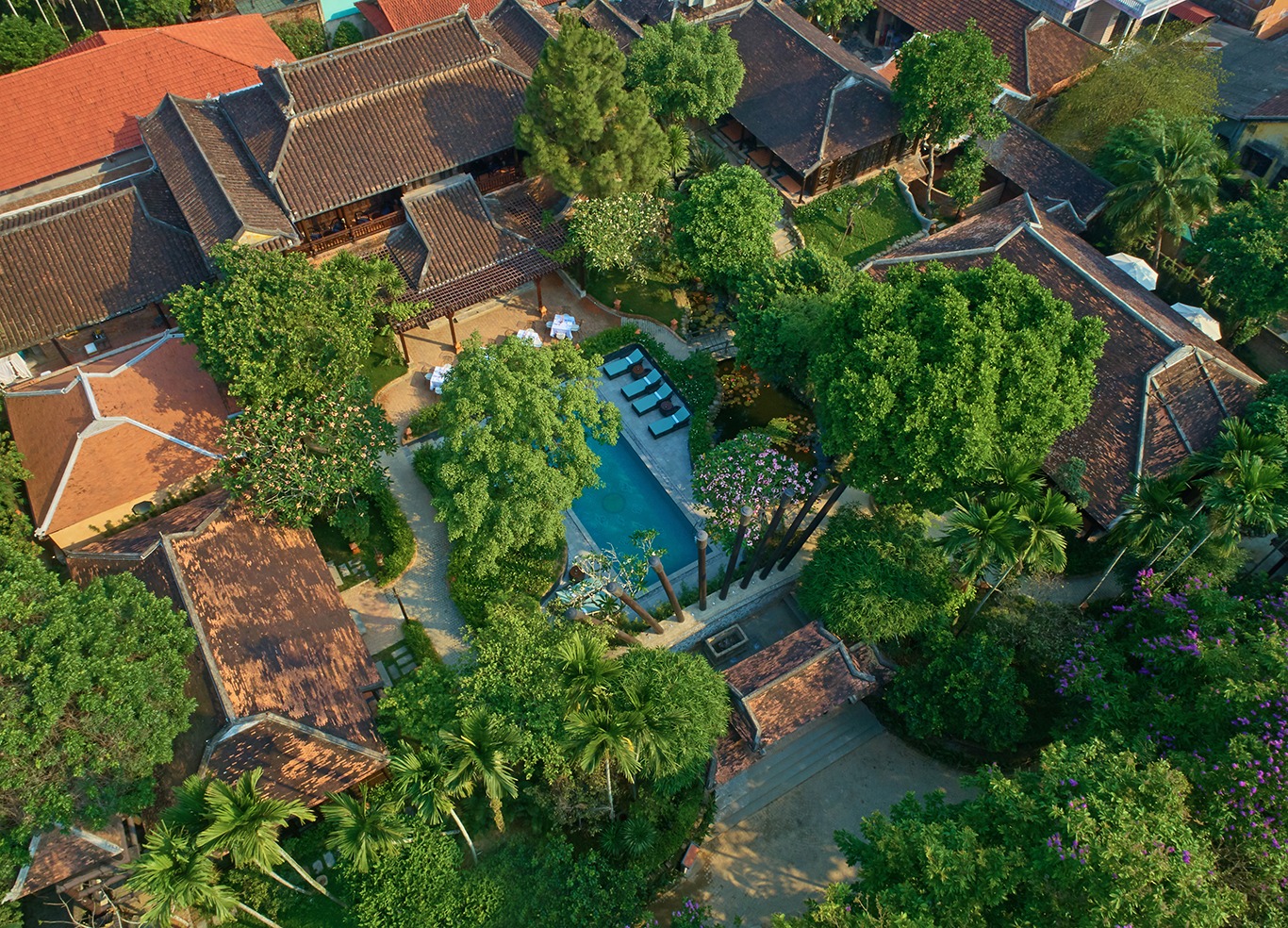 Aerial view of historic Vietnamese dragon bridge Aerial view of the iconic dragon-shaped bridge over a river in Vietnam, surrounded by greenery